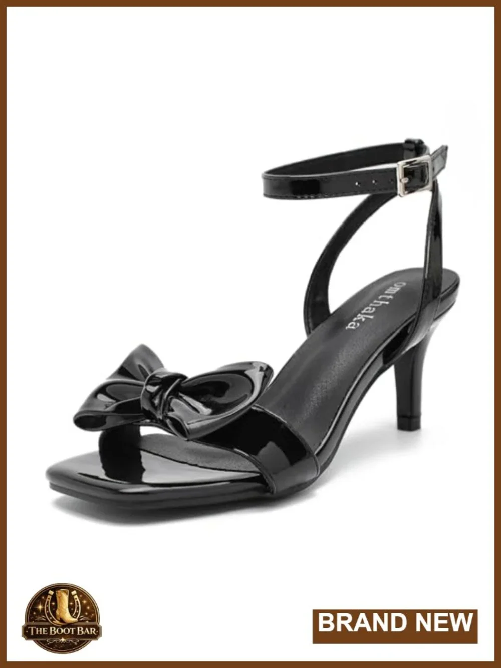 Faux Leather Bow Heels Sandals Square Toe Ankle Strap Kitten Heels Wedding